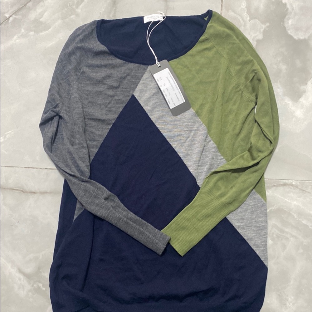 Two color  Gray Color-Block Crew Neck Sweater BBB  FINE ITALIAN VIRGIN WOOL